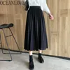 Plisowane spódnice Kobiety Solidna Wysoka Waiat A-Line Vintage Koreański Mujer Faldas Elegancka Jesień Zima Długa Spódnica 19120 210415