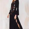 Arrivo Abito estivo Donne Sexy Deep Deep Neck Collo etnico Fiori ricamati Boho People Style Tunica lunga 210520