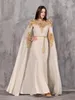 Elegant Arabic Dubai A Line Evening Dresses With Long Wrap Gold Lace Flowers Appliques Crystals Beads Formal Special Occasion Gowns Cape Prom Dress