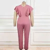 V Neck Bodycon Jumpsuits Plus Size 4XL Lovely Pink Short Ruffles Sleeve Birthday Party Occasion Event Overalls Outfit 210527