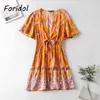 Paisley impressão laranja vestido de verão mulheres v pescoço bowknot floral boho boho batwing manga praia curta 210427