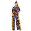 Etniska kläder Två stycken Set Africa Clothes African Dashiki Fashion Flower Print Suit Top Trousers Super Elastic Party for Women 215s