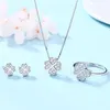 Jewelry Sets 100% 925 Sterling Silver Sparklling Four Lucky Clover Rings , Earrings & Necklace Jewellry Set Fashion Women Engagement Wedding Accessories