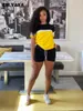 Cm.Yaya Active Patchwork Sweatsuit Kvinnors uppsättning Tee Toppar och Shorts Matchande Set Jogger TrackSuit Två 2 Stycken Set Fitness Outfit 210721