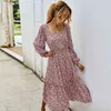 Automne hiver floral longue robe femmes col carré maxi robe élégante dames rose vintage robe vestidos 210415