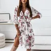 Dorywczo Suknie Elegancki Szyfonowa Linia Plisowana Sukienka Kolana Kobiety Moda Jesień V Neck Floral Print Opasted Folds Party Vestidos