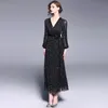 Runway Designer Bling Slobined Star Pattern Maxi Wrap Spring Dames Sexy Diepe V-hals Belted Lantern Sleeve Long Dress 210416