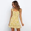 Kobiety Wzburzyć Summer Beach Dress Spaghetti Pasek Boho Sundress Kwiat Drukuj Kwiatowy Mini Sukienki Backless Yellow Krótka sukienka 210415