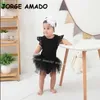 Großhandel Sommer Baby Mädchen Bodys Spitze Ärmellose Strampler Tutu Weiß Schwarz geboren Mädchen Kleidung E2345 210610