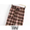 Traf Women Chic Masowe Pockets Check proste spodnie Vintage High Elastyczne talia sznurka żeńskie spodnie Mujer 210415