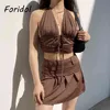 Foridol Women Fashion 2 Pieces Sets Dress Backless Halter Top Mini Dress Suits Summer Women Beach Boho Dress Vestidos Party 210415