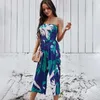 슬래시 넥 민소매 꽃 무늬 백이없는 넓은 다리 바지 Jumpsuit 여성 섹시한 포장 캐주얼 바지 Rompers 210603