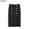 Women Vintage Double Breasted Design Black Straight Midi Skirt Faldas Mujer Female Back Zipper Split Vestidos QUN755 210416
