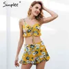 Floral Print Strap Sexig Två Del Romper Kvinnor Ruffle Lace Up Smocking Short Playsuit Summer Casual Boho Jumpsuit 210414