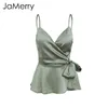 Jamerry Sexy Envoltório Satin Cami Colheita Mulheres Ajustável Cinta de Verão Elegante Sash Peplum Camisa Sem Mangas Senhoras Tops Q190508