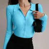 Women Lapel Slim Slimming Tops Ladies Hollow Buttons Sexy V Neck Long Sleeve POLO Neck Knit Cardigan Sweater Women 211218