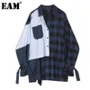 [EAM] Women Blue Striped Plaid Split Big Size Blouse Lapel Long Sleeve Loose Fit Shirt Fashion Spring Autumn 1D356 210512