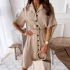 Elegant knapp Blazer klänning Kvinnor Solid Casual Belt Short Sleeve Office Ladies Workwear Vestidos Sommar Autunm 210427