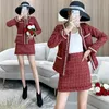 Mode luxe automne hiver femmes 2 pièces ensemble piste perle perles gland épais rouge tweed veste manteau + jupe crayon 210506