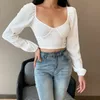 Vit Tshirt Girls Women Crop Tops Vintage Square Collar Low Cut Stretchy Short T-Shirt Lantern Sleeve Sexig Backless T0D306A 210421