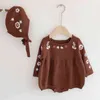 Bodysuit Handmade Embroidery Flower Jumpsuit Autumn Girls Clothes Baby Knitwear +Knit Hat 2Pcs Cotton Clothing 210417