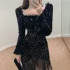 Robe de soirée Ezgaga Femmes Mode Collier carré Longue Flare Sleeve Sequins Show Show élégant Robe de sirène maille Patchwork Prom 210430