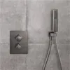 gunmetal 럭셔리 욕실 벽 샤워 키트 총 회색 욕조 탭 벽 유형 숨겨진 일정한 샤워 세트 임베디드 온도 조절 샤워