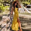 Drapped Neck Strap Wide Leg Loose Jumpsuits Romper Playsuits Women Summer Casual Beach Slit Yellow Cotton Overalls 210427