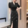 Moda V Neck Sukienki Podwójne Suknie Kobiety Elegancka Sukienka Sukienka Puff Sukienka Płaszcza Dorywczo Długość Knee Sprężyna 210603