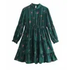 Mini abito con stampa floreale verde Donna Primavera Collo alto Manica a sbuffo Casual es Donna Ruffle Vintage 210519