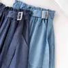 Primavera verano mujeres estilo coreano azul alto cobertura cintura sol escuela rodilla longitud midi hembra cadena falda de mezclilla con cinturón 210421