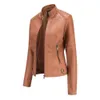 Elegant Stand Collar Red Leather Jacket Kvinnor Vår Höst Pu Coat Black Girls Faux Leather Jackor 210909