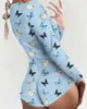 Women Sexy Multicolor Butterfly Print Long Sleeve Skinny Rompers Deep V Neck Cute Pajama Femme Short Jumpsuit Lady Clothing 210415