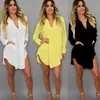 Casual Dresses Women Solid Chiffon Blouse Shirt Mini Dress Pocket V Neck Loose Long Sleeve Tops Summer Beach Wear Cover Up