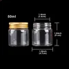 12 pièces 50ml 47 * 50 * 34mm Bouteilles en verre avec couvercles en aluminium doré Spice Pill Container Bocaux de bonbons Flacons pour mariage Giftgood qté