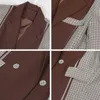 PERHAPS U Brown Plaid Patchwork Notch Collar Long Sleeve Button Pocket Loose Casual Blazer C0367 210529
