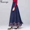 Women Floral Embroidery long Pleated skirt Summer ladies Cotton Linen Maxi skirts spring pockets Elastic high waist A-Line skirt 210619