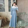 Vestidos De Fiesta Full Sleeve Long Women Dress Blue Velvet Vintage Mid-calf Fit and Flare Embroidery Female Spring 210603