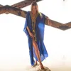 Bikini Cover-up Blue Bohemian Embroid Murffon Long Kimono Cardigan plus taille Femmes de secours Place Wear Swim Copin