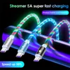 5A 흐르는 색상 LED 글로우 USB 충전기 유형 C 케이블 안드로이드 마이크로 USB 충전 케이블 삼성 충전 와이어 코드