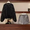 Autumn Winter Two Piece Women Pearls Beading Loose Knitted Sweater Top + Woolen Pocket Shorts Suit Mini Pant Set 210416