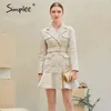 Elegant diamond pattern A-line women winter V-neck pearl button belt ruffled dresses High street warm mini dress 210414