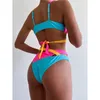 Één stuk pakken geel roze blauw kleurrijke splicing bikini vrouwelijke badpak vrouwen badmode tweedelige set uitgesneden bather badpak zwemmen