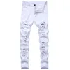 Mäns Jeans Denim Trousers Fashion Designer Brand White Right Hole Rippade Byxor Gjord Old