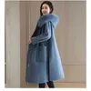 Шерстяное пальто женщины меховой воротник с капюшоном плюс размер серые синие длинные топы осень зима корейский густой тепловый сочетание куртки lr684 210531