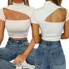 Sexy sólido ahueca hacia fuera las camisetas de manga corta de las mujeres ocasionales de cuello alto sin espalda damas slim crop tops verano bodycon pullover 210517