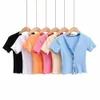 70er Jahre Vintage Holzohren V-Ausschnitt Kurzarm T-Shirt Basis Croptop T-Shirts Sommer Einreiher Knopf T-Shirt Crop Top 210429