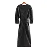 ビンテージ女性黒革サッシロングドレスファッションレディースフォールスリーブPU ES女性クールソリッドカラー210515