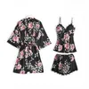 Piżama garnitur satynowy drukowany ślad kobiety V-Neck Sen Set Sexy Nightwear Loose Home Clothing Lounge Nosić Kimono Robe Suknia Q0706