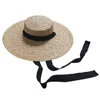 와이드 브림 모자 여성 Raffia Boater 모자 15cm 18cm 짚 평면 여름 화이트 블랙 리본 넥타이 태양 해변 모자